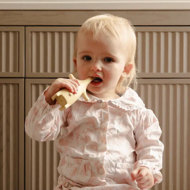 Child holding Brushi Bear™ in front of a neutral background brushing teeth