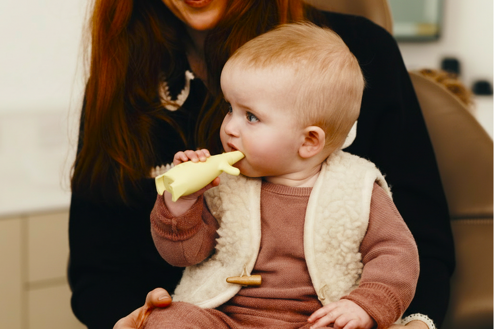 Baby using the Brushi Bear toothbrush sitting on Mother's lap 