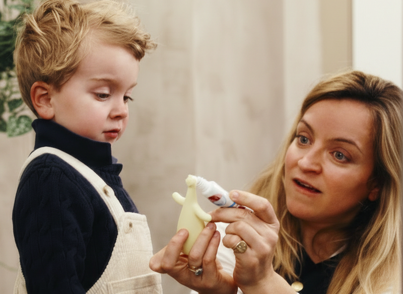 Measure out the toothpaste together